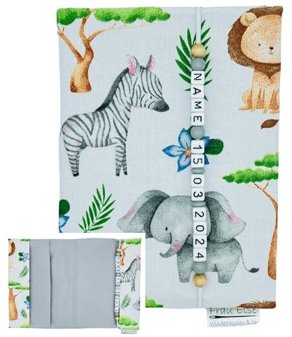 U-Heft Hülle Impfpassfach mit Name personalisiert - MuKi Pass - Savannentiere Afrika Löwe Elfefant Zebra - weiß, grau, bunt - für Jungen und Mädchen
