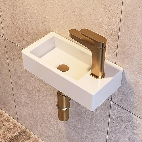 DeerValley - Fregadero de baño de montaje en pared, mini lavabo rectangular de baño, lavabo de cerámica sin desbordamiento para baño (blanco, mano derecha)