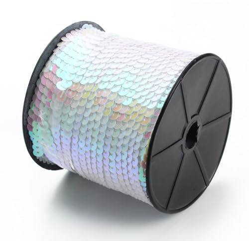 Hrlace 100 Yards Pailletten Rolle 6mm Paillettenband Flache Pailletten Glitzerband Bunte Paillettenrolle Paillette Spool String Shiny Trim für Nähen, Schmuck Machen, Basteln, 1 Rollen Weiß