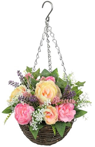 Arborus Kunstblumen im Topf Hängend Ampel 55 cm Künstliche Kamelie Hängepflanzen Künstlich im Topf Unechte Blumen für Frühling Deko im Flur Eingang Balkon Rustikal Vintage Deko