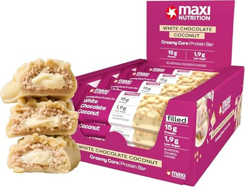 MaxiNutrition Creamy Core Protein Bar - Low in Sugar - 14g High Protein - White Chocolate Coconut, 208 kcal per Serving, 12 x 45g NO ARTIFICIAL COLOURS & FLAVOURS, NEW IMPROVED TASTE