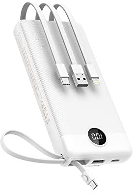 Power Bank 20000mAh, VEEKTOMX Bateria Externa USB C Cargador Portatil con Cables Integrados, 5 Salidas y 2 Entradas Powerbank Compatible con iPhone/Samsung/Huawei, Travel Essential (Blanc Neige)