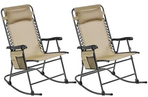 Yaheetech Rocking Chair Set of 2 Outdoor Zero Gravity Folding Chairs with Cupholder/Pillow Rocking Chairs Foldable Outdoor Lounge Chair for Outside Lawn Ergonomic Design for Rest, Beige