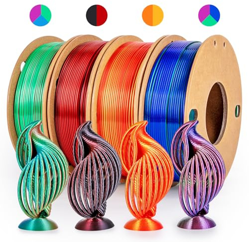 dikale Silk 3D Printing Filament PLA+ Tricolor und Dual Color 4-Pack Bundle, 1.75mm 3D Printing PLA Pro 250gx4 Spulen, Total 1KG, Rose Red&Sky Blue&Green, Rose Red&Dark Blue&Green, Gold&Red, Black&Red