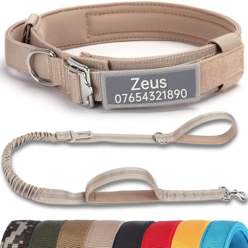SEOUGEE Tactical Dog Collar Personalised with Handle and Leash Set, Soft Padded Dog Collars with Custom Reflective Name Patch, Pet Collars with Portable Buckle for Medium Large Dogs (Beige Set, XL)