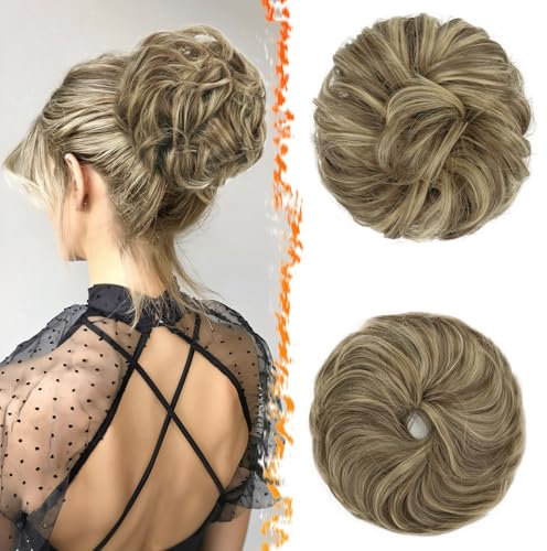 BARSDAR 2 Stücke Haarteil Mit Gummiband, Messy Haar Dutt Haargummi Extensions für Damen Synthetisch Haaren Hochsteckfrisuren Dickes Haardutt Haarverlängerung Haarteile - Mittleres Braun Mit Blond