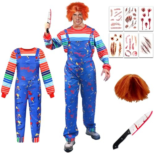 viallolipa Chuc ky Costume Adult, Halloween Creepy Doll Costume, Scary Movie Character Outfit with Simulated Knife Wig Tattoo Sticker Props for Men Women Cosplay