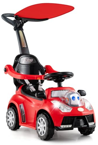DREAMADE Kinder Rutschauto, 3 in 1 Schiebeauto mit abnehmbarem Verdeck, Sicherheitsgurt & Stauraum, Kinderfahrzeug mit Hupe, Musik & Licht, Rutschfahrzeug für Kinder ab 1 Jahr (Rot)