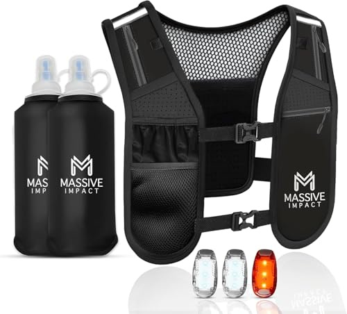 Massive Impact Running Vest with Water Bottles (2×500ml) & 3 LED Lights | Lightweight Reflective Hydration Vest with Phone Holder & 6 Pockets | Adjustable Running Backpack for Men & Women