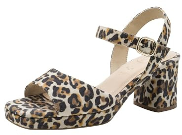 Tamaris Damen Wide Fit Damen Sandalen mit Absatz aus Leder mit verstellbarem Riemen, beige (beige Leo), 42 EU