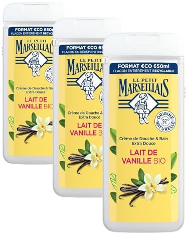 Le Petit Marseillais | Crème de Douche Extra Douce Lait de Vanille Bio (flacon de 650 ml) – Gel douche avec 92% d'ingrédients d'origine naturelle – pH neutre pour la peau et sans colorant (Lot de 3)