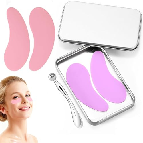 Reusable Silicone Under Eye Patches - 2 Pairs(Pink & Purple),Hydrating Gel Masks for Puffy Eyes & Dark Circles, Eco-Friendly Skincare with Metal Applicator & Travel Case, Eyelash Pads