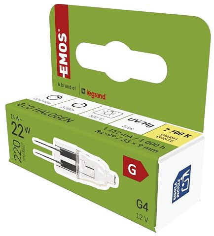 EMOS - Dimmbare Halogenlampe 14W, Ersatz für 22W Birne - 2 Pin Halogen G4-Stiftsockellampe 12 V - Helligkeit 220lm, Warmweiß 2700K - Lebensdauer 8000 Schaltzyklen - extrahohe Farbwiedergabe CRI 99,9