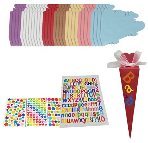 Rainway 32 Stück Schultüte Klein, Mini Schultüten zum Befüllen, Zuckertüte Klein, Kreative Schultütenfüllung, Faltbare Schultüte Geschenk Zum Schulanfang Deko, DIY Schultüte Basteln Set mit Aufkleber
