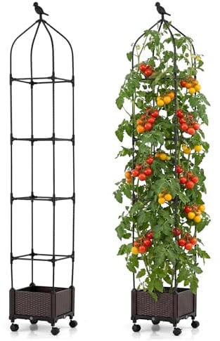 COSTWAY Rankhilfe mit Blumenkasten auf Rollen, 200 cm Garten Obelisk, beschichtetes Metall & PP, höhenverstellbar, Rankgitter mit Pflanzkasten & Selbstbewässerung, für Kletterpflanzen Tomaten Blumen