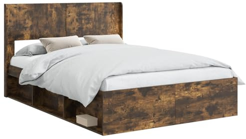 vidaXL Bettgestell mit Stauraum und Kopfteil Geräucherte Eiche, Moderne Bettgestell, rechteckig, Stauraum, Latten-Design, praktische Möbel für Dein Schlafzimmer
