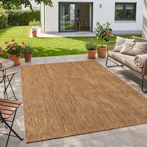 HomebyHome Outdoor Teppich Braun 140x200 cm Balkon Terrasse Garten Wetterfest UV-beständig Mittel Groß Einfarbig Flachgewebe Pflegeleicht Robust Modern