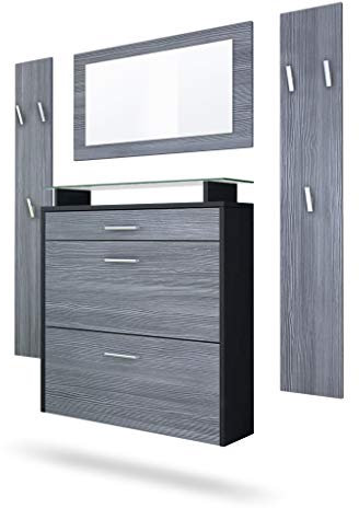 Vladon Garderobe Malea, Garderobenset bestehend aus 1 Hängeschuhschrank, 1 Wandspiegel und 2 Garderobenpaneele, Schwarz matt/Avola-Anthrazit