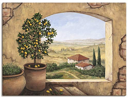 ARTLAND Wanddeko Leinwand Bilder Wandbild Fensterblick Fenster Toskana Italien Landschaft Aussicht Malerei T5ZG