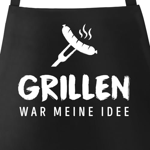 MoonWorks® Grill-Schürze für Männer mit Spruch Grillen war meine Idee Spruch lustig Bratwurst Baumwoll-Schürze Küchenschürze schwarz unisize
