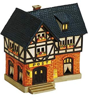 Postamt aus Porzellan – Windlicht Lichthaus Miniatur-Modell – B16 x T12 x H17 cm - detailreiche Haus Dekoration Teelichthalter Weihnachtsdorf Sammlerobjekt Dekohaus Geschenkidee
