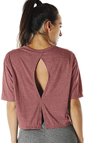 icyzone Sport T-Shirt Damen Fitness Kurzarm Shirt Rückenfrei Yoga Crop Top Oberteile Loose Fit (M, Burgundy)
