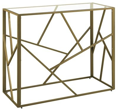 Konsolentisch Hartglas mit Metallgestell Gold geometrischer Rahmen Glamour Wohnzimmertisch Beistelltisch Orland
