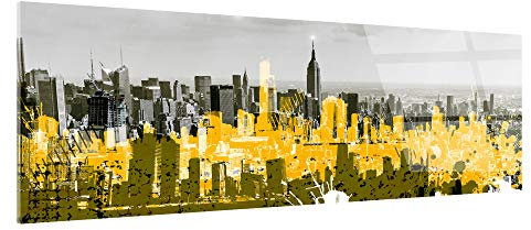 Tableau Plexiglas New York ET Dessin Jaune - Impression Verre Acrylique Métropole Urbaine - Décoration Murale pour déco Maison, Cuisine, Salon, Chambre, Bureau - 150x60 cm
