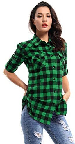 Aeslech Damen Langarm Bluse Kariertes Hemd Lange Ärmel Plaid Flanell Shirt Knopf nach unten Blusen & Tuniken für Damen D013 Grün Schwarz XS