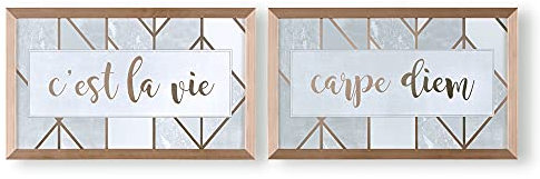 Art For The Home C'est La Vie & Carpe Diem Set of 2 Framed Prints - Light Blue & Rose Gold Wall Art - Contemporary Typograph Metallic Geometric design - Feature design - Cover for small cracks