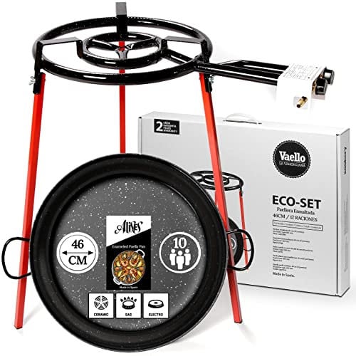 Alises - Juego de cocina de paella (Eco-Set) con Paellera de acero esmaltado (46 cm) - Doble quemador de gas (40 cm) y trípode