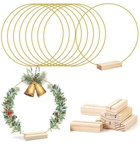 LWuuywa 8 Stück Metallring zum Basteln, 30cm Tafelaufsätze Makramee Ringe mit Holz Kartenhalter DIY Kranz Handwerk Traumfänger für Hochzeitskranzdekor und Wandbehang (golden Ring)
