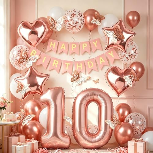 10th Birthday Decorations for Girls, Rose Gold 40 Inch Number 10 Foil Birthday Balloons with Happy Birthday Banner and Butterfly Stickers