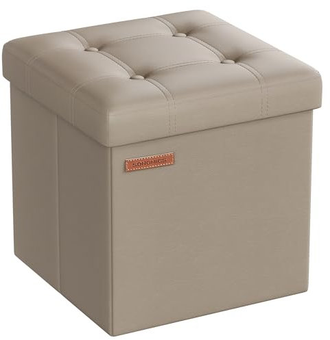 SONGMICS Sitzhocker 38 cm, Aufbewahrungsbox faltbar, Fußhocker mit Deckel, aus Kunstleder, bis 300 kg belastbar, für Eingang, Wohnzimmer, Schlafzimmer, kamelbraun LSF030K13