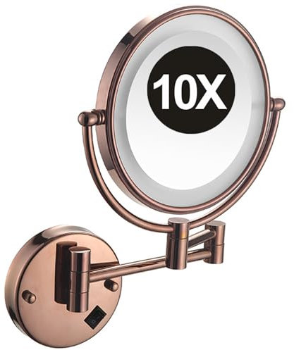REWIS Miroir de courtoisie de Maquillage Mural grossissant 1X/10X Double Face de 8 Pouces avec éclairage LED, Miroir cosmétique Extensible pivotant à 360°, Miroir de Rasage HD,Rose Gold,Plug in