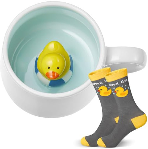 Nuenen 2 Pieces Duck Gifts Sets Unisex Duck Socks 3D Coffee Mug Little Animal Inside Novelty Socks for Men Mug Handmade Figurine Milk Tea Cup for Women Tea Birthday Friends Weddings