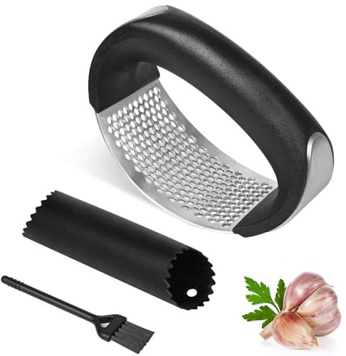 Garlic Press Rocker 304 Stainless Steel Garlic Crusher Press with Silicone Garlic Peeler & Cleaning Brush, Easy to Use & Clean Garlic Rocker Press Ginger Crusher Garlic Mincer for Kitchen