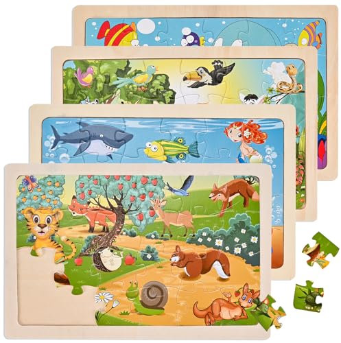Wooderma Tiere Puzzle ab 3 4 5 Jahre, 4x24 Teilen Holzpuzzles für Kinder, Kinderpuzzle Holz Puzzles Kinderspielzeug, Vorschule Lehrreiches Spielzeug Montessori, Geschenke für Kinder Mädchen Jungen