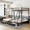 Dreifaches Etagenbett mit 2 Schubladen, Kinderbett Hochbett für 4 Kinder, umwandelbar in 140x200 Doppelbett&zwei 90x200 Einzelbetten, Metallbett Eisenbett Funktionsbett Stockbett Familienbett, Schwarz