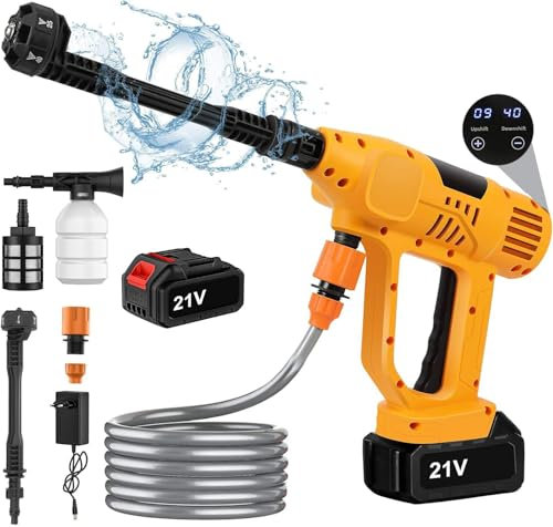 Hochdruckreiniger mit Akku, 65 bar, kabellos, tragbar, 10 einstellbare Geschwindigkeitsstufen, mit Touchscreen, 6-in-1-Mehrzweckdüse, ideal für Autos, Haus, Garten (eine Batterie)