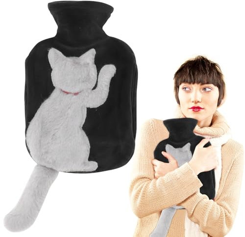 Yuragim Wärmflasche mit Weichem Bezug, 1L Bettflasche mit Bezug, Lustige Wärmeflasche Katze mit Schwanz, Weihnachten Geschenk für Frauen, Hot Water Bottle Beste Geschenk für Kinder & Erwachsene