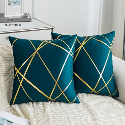 Kiatuniya Kissenbezug 45 x 45 cm Türkis Sofakissen Herbst Kissenbezüg mit Gold Geometrie Linie Kissenhülle Modernes Dekokissen Samt Zierkissen 2er Set für Schlafzimmer Couch Sofa Bett