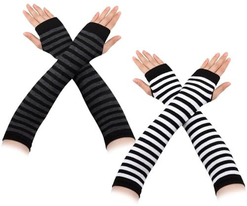 ZPLASK 2 Pairs Arm Warmers, Striped Long Fingerless Gloves Wrist Warmers, Warm Stretchy Knit Thumbhole Arm Warmer, Warmers Autumn Winter Accessories Wrist Warmers for Women Girls