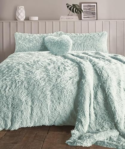 HOMES-LINEN Teddy Bear Fleece Long Fur Cuddles Alaska Luxury Duvet Cover Set Warm Cosy Soft Teddy Bedding Set (Duck Egg, Super King)