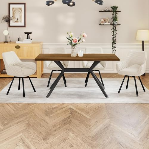 WAFTING Esstisch mit 4 stühlen,Essgruppe,Dunkler Platte,Polsterstuhl Beige | Esstisch Holz 140x80x76,Esszimmerstuhl Drehbar 360°mit Armlehne,Tischset Für Küche, Wohnzimmer, Esszimmer