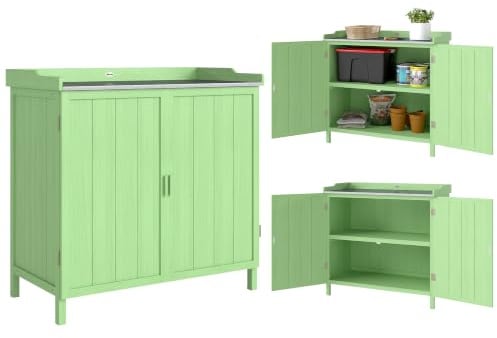 Outsunny Wood Garden Storage Cabinet with Galvanised Top Two Shelves Green | Outdoor Tool Shed, Potting Bench Table, for Garden Tools or Pool Accessories