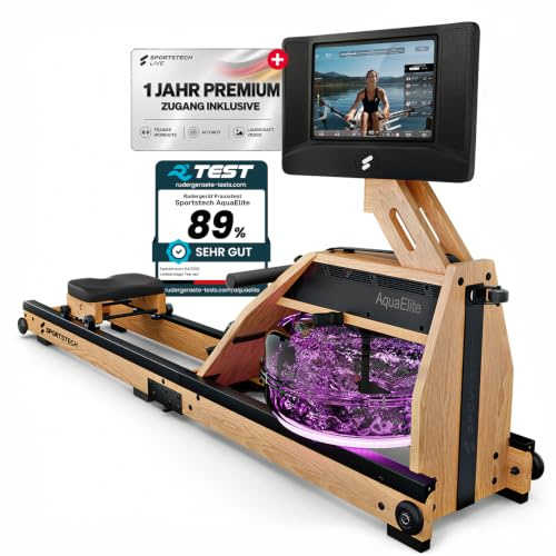 Sportstech AquaElite, Wasser Rudergerät für zu Hause, authentisches Rudererlebnis, Cardio Ganzkörpertraining, Massivholz, klappbar, 10,1 oder 21,5 Display, inkl.12 Monate App Premium-Mitgliedschaft