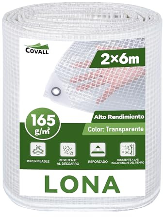 COVALL 2m x 6m Clear Tarpaulin Waterproof Heavy Duty, 165GSM Reinforced Transparent Tarp with Mesh Support Rubber Strengthened Corners - Tear-resistant Cover for Outdoor Garden Greenhouse Groundsheet
