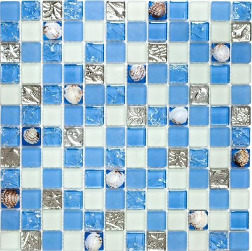 Mosaik Fliese Transluzent blau Glasmosaik Crystal Muschel blau für WAND BAD WC DUSCHE KÜCHE FLIESENSPIEGEL THEKENVERKLEIDUNG BADEWANNENVERKLEIDUNG Mosaikmatte Mosaikplatte