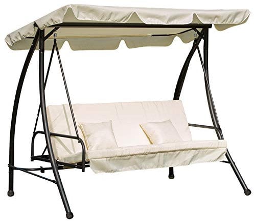 Outsunny Dondolo da Giardino 3 Posti convertibile in Letto con Tetto Reclinabile e Cuscini, Dondolo da Esterno in Ferro e Poliestere, 200x125x170 cm, Crema